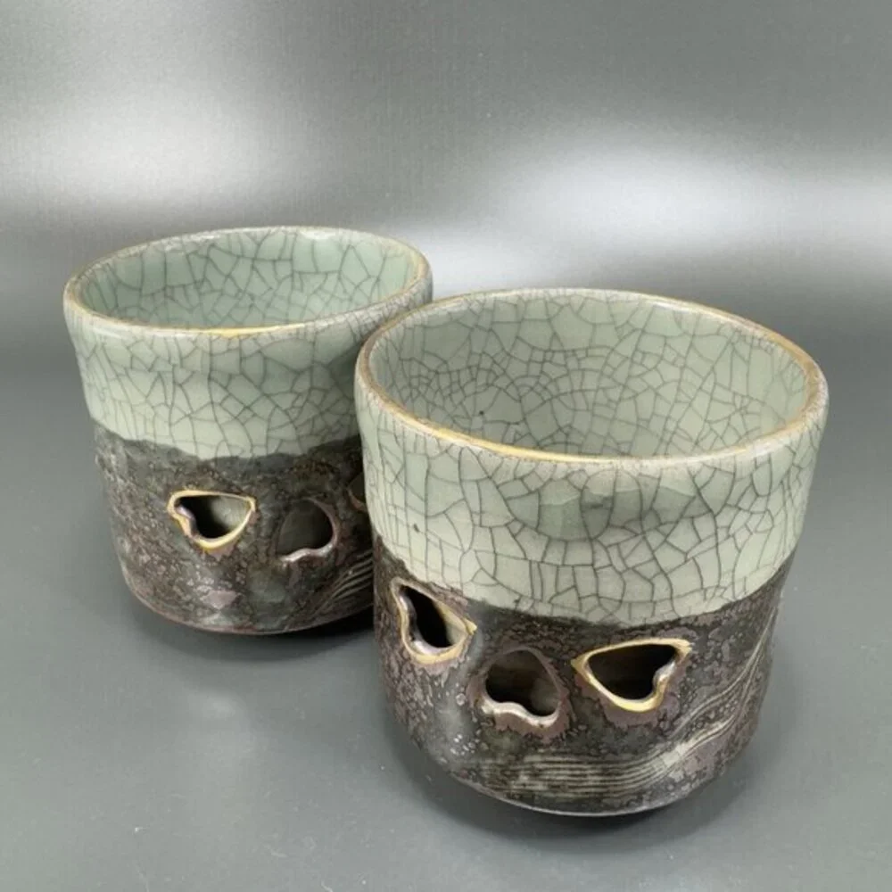 Otagiri SomaWare Gold Horse Cup Tumbler Porcelain Obori Crackled Glaze Cups Set2